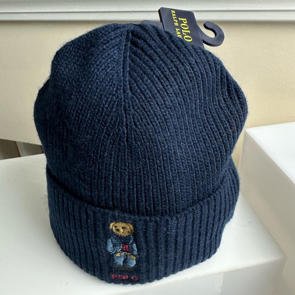 Polo Ralph Lauren Denim Bear Embroidered Knit Wool Blend Beanie NWT Navy